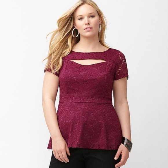 Lane Bryant Tops - Lane Bryant Burgundy Lace Peplum Top Size 20